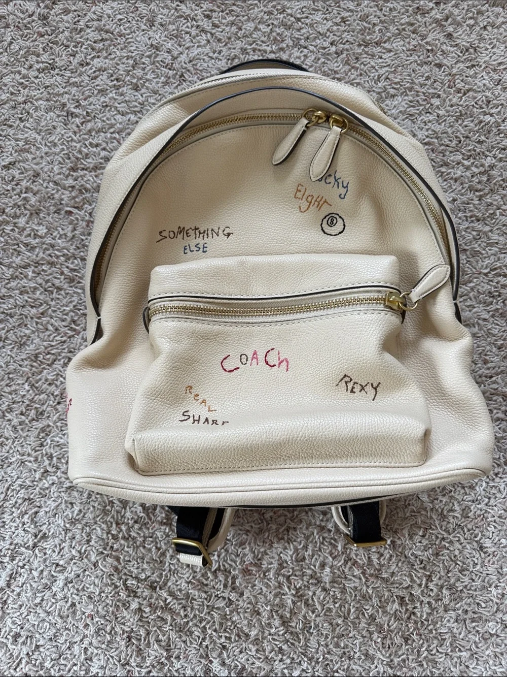 Coach Cream Leather Backpack with Multicolor Script Details - Picture 1 of 6